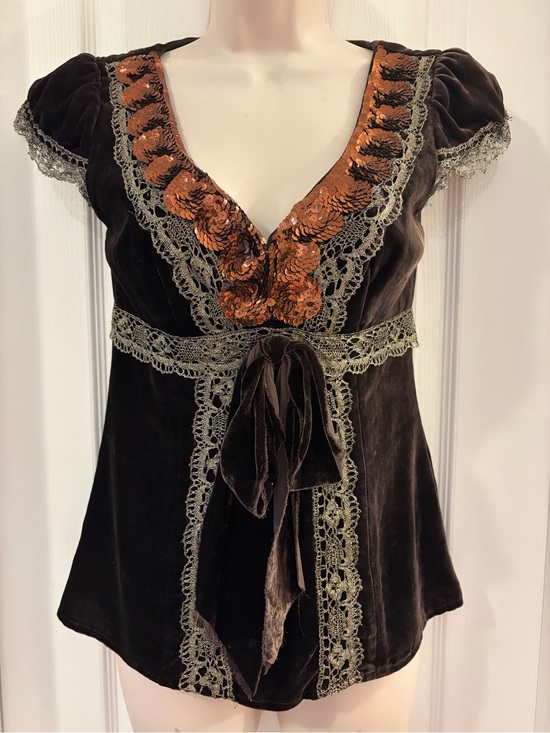 Nanette Lepore Tops - Nanette Lepore Brown Velvet Top with Copper Sequin V-Neck